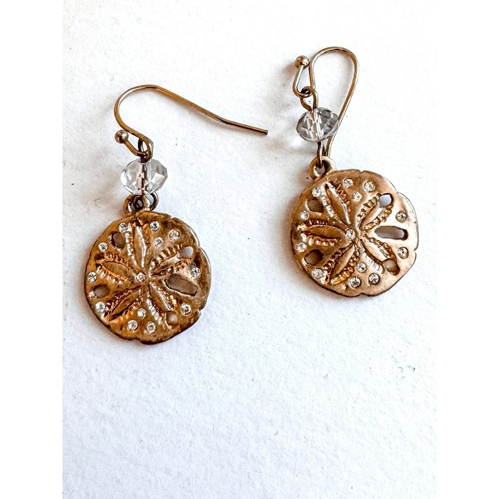 Sand Dollar Dangle Earrings Gold Tone Crystal Beach Coastal Nautical Jewelry